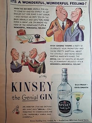 Seller image for Advertisement for Kinsey, the Genial Gin with Cartoons by Wm. Steig "It's a Wonderful, Wonderful Feeling!" for sale by Hammonds Antiques & Books