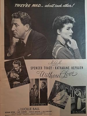 Seller image for Advertisement for Movie WITHOUT LOVE with Spencer Tracy, Katharine Hepburn and Lucille Ball "They're Mad.about each other!" for sale by Hammonds Antiques & Books