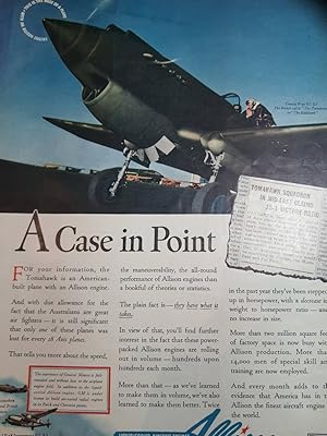 Seller image for Advertisement for Allison Airraft Airplane Engines "Tomahawk Squadron in Mid-East Claims 18-1 Victory Ratio" for sale by Hammonds Antiques & Books