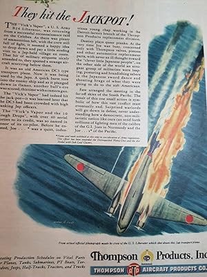 Seller image for Advertisement for Thompson Aircraft Products Co. "They Hiut the Jackpot!" Image taken from official photograph made by crew of the U.S.Liberator which shot down this Jap transport plan. for sale by Hammonds Antiques & Books