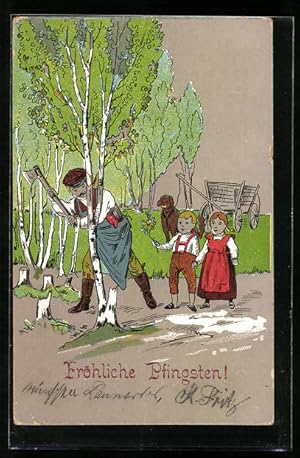 Bild des Verkufers fr Knstler-Ansichtskarte Mann fllt kleinen Baum mit seinen Kindern, Pfingsten zum Verkauf von Bartko-Reher