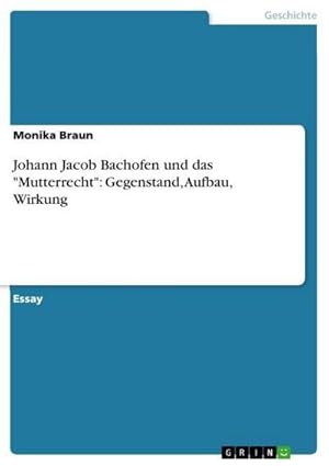 Bild des Verkufers fr Johann Jacob Bachofen und das "Mutterrecht": Gegenstand, Aufbau, Wirkung zum Verkauf von AHA-BUCH GmbH