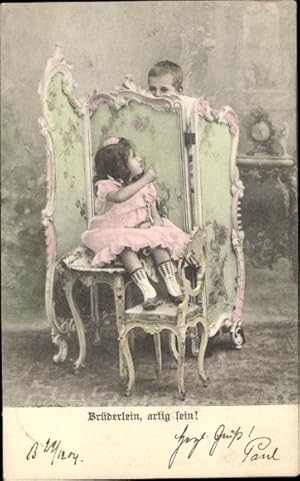 Seller image for Ansichtskarte / Postkarte Kinderstreiche, Br�derlein, artig sein, Kinder, Paravent for sale by akpool.de - akpool GmbH