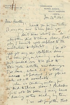 Bild des Verkufers fr Henry Moore Signed Letter, 1943, about his drawings zum Verkauf von Adam Andrusier Autographs ABA PADA