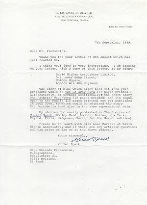 Bild des Verkufers fr Muriel Spark - Signed Letter, 1989 zum Verkauf von Adam Andrusier Autographs ABA PADA