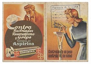 Folleto Publicitario. Bayer. Contra Resfriados Reumatismo y Gripe Tabletas de Aspirina.