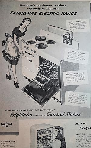 Seller image for Advertisement: Frigidaire Electric Range "Cooking's no longer a chore - thanks to my new FRIGIDAIRE ELECTRIC RANGE" for sale by Hammonds Antiques & Books