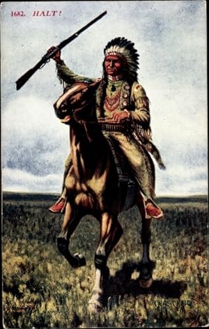 Künstler Ansichtskarte / Postkarte Halt, Indianer auf einem Pferd, Federschmuck