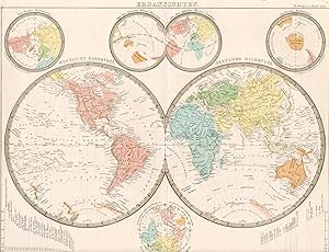 Bild des Verkufers fr Karte Erdansichten. Original grenzkolorierte Landkarte um 1860;"Nrdliche und sdliche Halbkugel; Westliche und oestliche Halbkugel; Planiglob der Antipoden" zum Verkauf von Antiquariat Kastanienhof