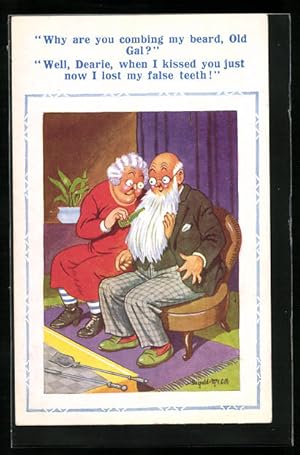 Bild des Verkufers fr Knstler-Ansichtskarte Donald McGill: Why are you combing my beard, Old Gal? Frau kmmt Mann den Bart zum Verkauf von Bartko-Reher