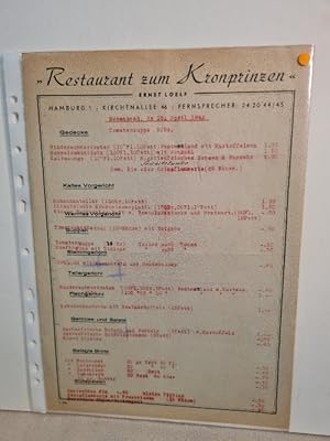 Restaurant zum Kronprinzen, Ernst Loelf, Hamburg 11, Kirchenallee 46: Speisekarte vom Sonnabend, ...