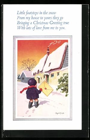 Seller image for Knstler-Ansichtskarte Donald McGill: Little footsteps in the snow, Kind luft mit Brief zum Haus for sale by Bartko-Reher