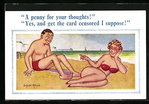 Imagen del vendedor de Knstler-Ansichtskarte Donald McGill: A penny for your thoughts!, Paar beim Flirt am Strand a la venta por Bartko-Reher