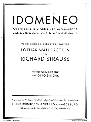 IDOMENEO : Opera seria in 3 Akten. Vollständige Neubearbeitung von Lothar Wallerstein und Richard...