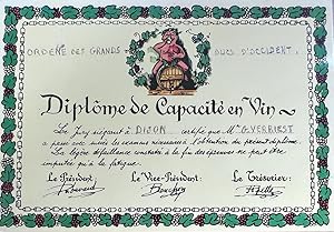 [Vintage card, ca 1950] Diplome de capacite en Vin pur Mr G. Verriest de le jury de Dijon. Partly...