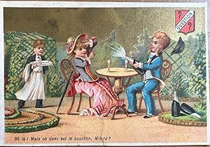 [Vintage card, champagne, quiz question, 20th century] Oh la ! Mais où donc est le bouchon, Milor...