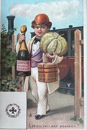 [Vintage card, champagne, 20th century] Ce que fait mon bonheur! [Man with champagne from Epernay...