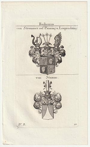 Freiherren von Strommer auf Pänzing u. Leoprechting / von Stumm. Original-Kupferstich mit 2 Wappen.