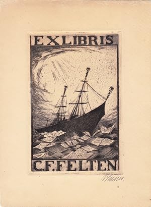 Bild des Verkufers fr Exlibris C. F. Felten. Segelschiff in Bcher- und "Bols"-Flaschenmeer. zum Verkauf von Antiquariat  Braun