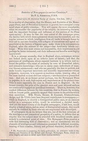 Bild des Verkufers fr Statistics of Newspapers in various Countries. A rare original article from the Journal of the Royal Statistical Society of London, 1841. zum Verkauf von Cosmo Books