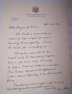Manuscript Note written and Signed by Jan Greenberg Levine, wife of Congressman Mel Levine (D-CA ...