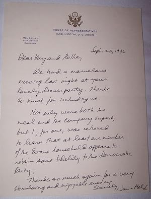 Imagen del vendedor de Manuscript Note written and Signed by Jan Greenberg Levine, wife of Congressman Mel Levine (D-CA 27th), on Congressional Letterhead to Katherine "Kay" Evans a la venta por Antiquarian Bookshop