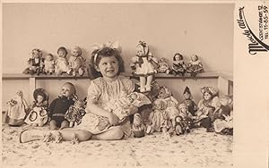 Child With 20 Toy Dolls Puppets Hungary Antique Postcard