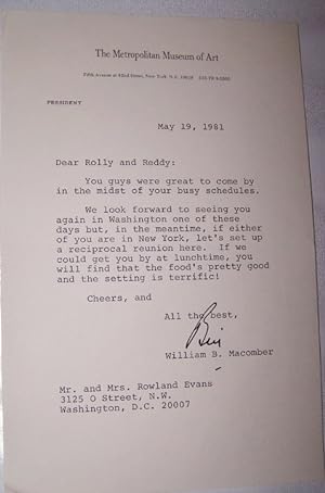 Typed Note Signed by William B. Macomber, President of the Metropolitan Museum of Art on MMA Lett...