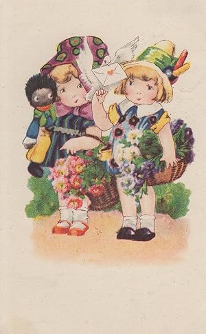 Girl Holding Black Golly Doll Dove Heart Letter Antique Postcard