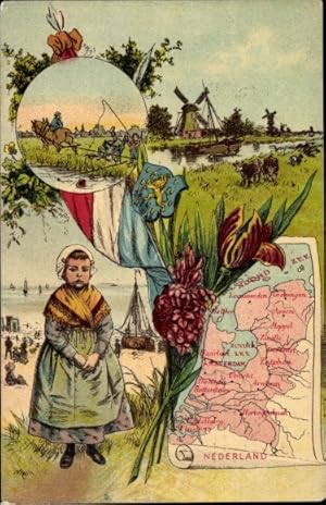 Wappen Landkarten Ansichtskarte / Postkarte Niederlande, Mädchen in Tracht, Pferdepflug, Windmühle