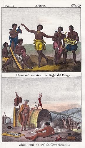 "Africa. / Strumenti musicali dei Negri del Congo. / Abitazioni e cost.i dei Boscismani." - Congo...