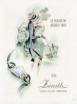 "MONTRE ZÉNITH" Annonce originale entoilée parue dans PLAISIR DE FRANCE en 1948 illustrée par LUX