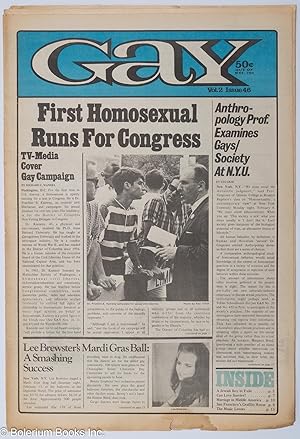 Bild des Verkufers fr Gay: vol. 2, #46, March 15, 1971: First Homosexual Runs for Congress zum Verkauf von Bolerium Books Inc.