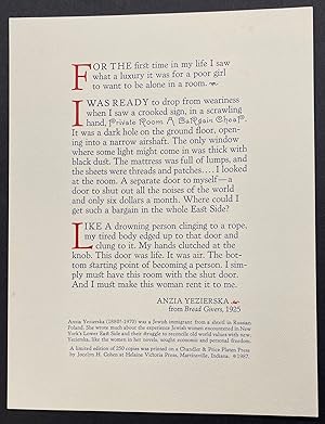 Imagen del vendedor de For the first time in my life I saw what a luxury it was for a poor girl to want to be alone in a room. [Broadside with a selection from "Bread Givers"] a la venta por Bolerium Books Inc.