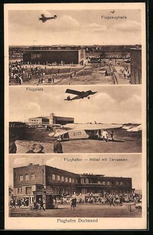 Ansichtskarte Dortmund, Flughafen, Hotel mit Terrassen, Flugzeughalle