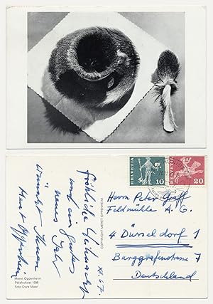 Signierte Postkarte. Le Dejeuner en fourrure. [Autograf.]