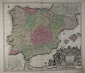 Novissima et accuratissima Regnorum Hispaniae et Portugalliae mappa geographica. Altkolorierte Ku...