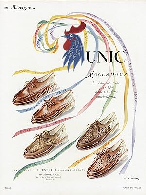 "CHAUSSURES UNIC MOCCADOUR" Annonce originale entoilée parue dans PLAISIR DE FRANCE en 1951 par J...