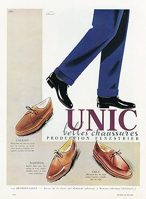 "CHAUSSURES UNIC" Annonce originale entoilée parue dans PLAISIR DE FRANCE par VILLEMOT (fin 40)