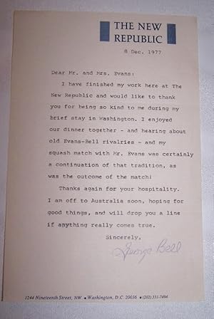 Image du vendeur pour Typed letter to Rowland and Kay Evans Signed by George Bell on letterhead of The New Republic mis en vente par Antiquarian Bookshop