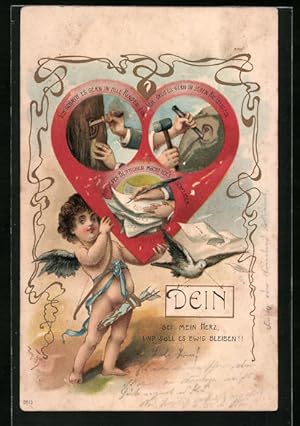 Bild des Verkufers fr Lithographie Liebesgrsse in der Baumrinde, Amor trgt ein grosses Herz zum Verkauf von Bartko-Reher