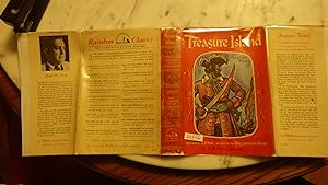 Seller image for TREASURE ISLAND BY ROBERT LOUIS STEVENSON , Rainbow Classics Edition #R-17 , ADVENTURE, , APRIL 1946, STATED 1ST PRINTING ON COPYRIGHT PG, ILLUSTRATED BY C. B. FALLS. IN RED DUSTJACKET OF OF PIRATE IN PURPLE UNIFORM WITH BLOOD ON HIS SWORD. Famous novel about pirates. WAS Made into movie. EXCITING TALE OF ADVENTURE for sale by Bluff Park Rare Books