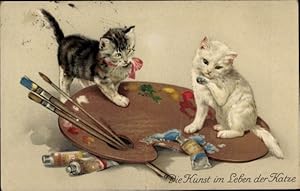 Bild des Verkufers fr Ansichtskarte / Postkarte Die Kunst im Leben der Katze, zwei Ktzchen, Farbpalette zum Verkauf von akpool GmbH