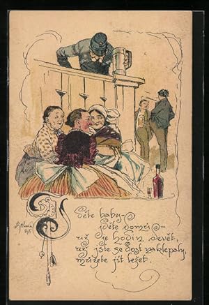 Bild des Verkufers fr Knstler-Ansichtskarte Trinker und Frauen zum Verkauf von Bartko-Reher