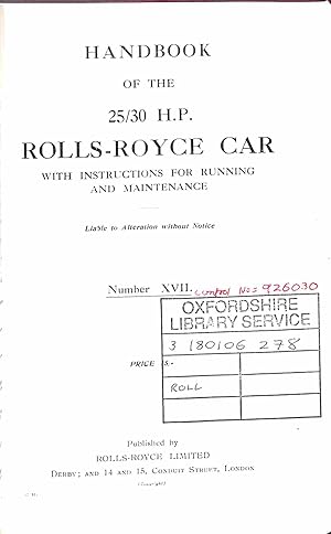 Bild des Verkufers fr Handbook of the 25/30 HP Rolls Royce car zum Verkauf von WeBuyBooks