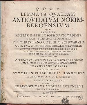 Seller image for Lemmata quaedam antiquitatvm Norimbergensium. for sale by Antiquariat Dennis R. Plummer