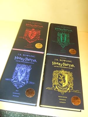 Imagen del vendedor de FOUR VOLUMES: Harry Potter & the Philosopher's Stone -book 1 of the Series ( Volume ONE)( The 1st Bloomsbury HUFFLEPUFF / Slytherin / Ravencalw / Gryffindor - House Colours Edition / Twentieth / 20th Anniversary edition ) a la venta por Leonard Shoup