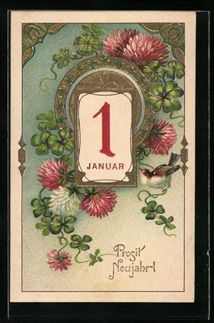 Präge-Lithographie Neujahresgruss mit Kalender zum 1. januar mit Klee und goldener Verzierung