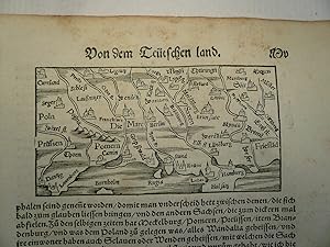 Image du vendeur pour Norddeutschland, Pommern, anno 1560, S.Muenster, Cosmographie Blatt mit einer Landkarte, sdorientiert, mit Danzig im Nordosten, der Wesermndung im Nordwesten, Sachsen/Thringen im Sden. Blattma: 30 x 20 cm. mis en vente par Hammelburger Antiquariat