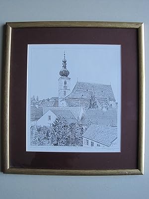 Bild des Verkufers fr "Zur Erinnerung an Sievering", Kunstdruck unter Passepartout und Glas, gerahmt, als Widmung signiert. zum Verkauf von Antiquariat Schleifer
